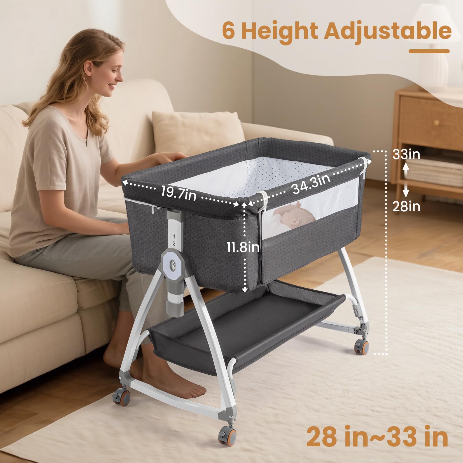 JOYMOR bassinet with wheels enables smooth movement between rooms.
