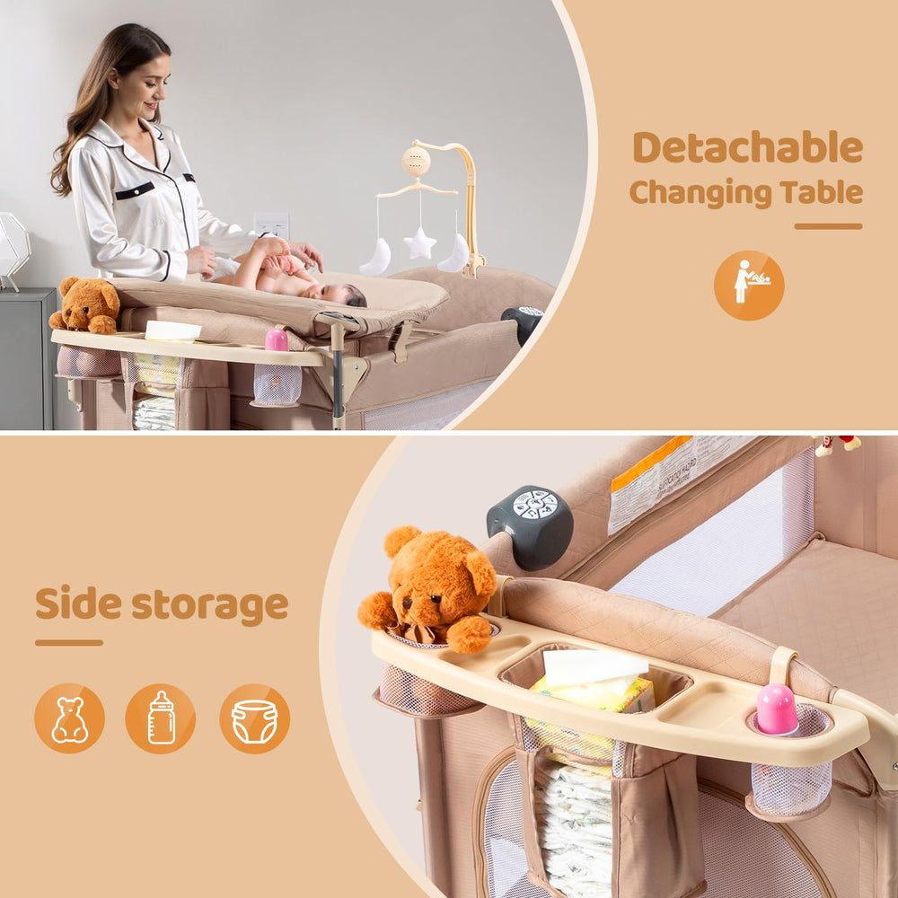 JOYMOR bassinet on wheels with storage for essentials nearby.