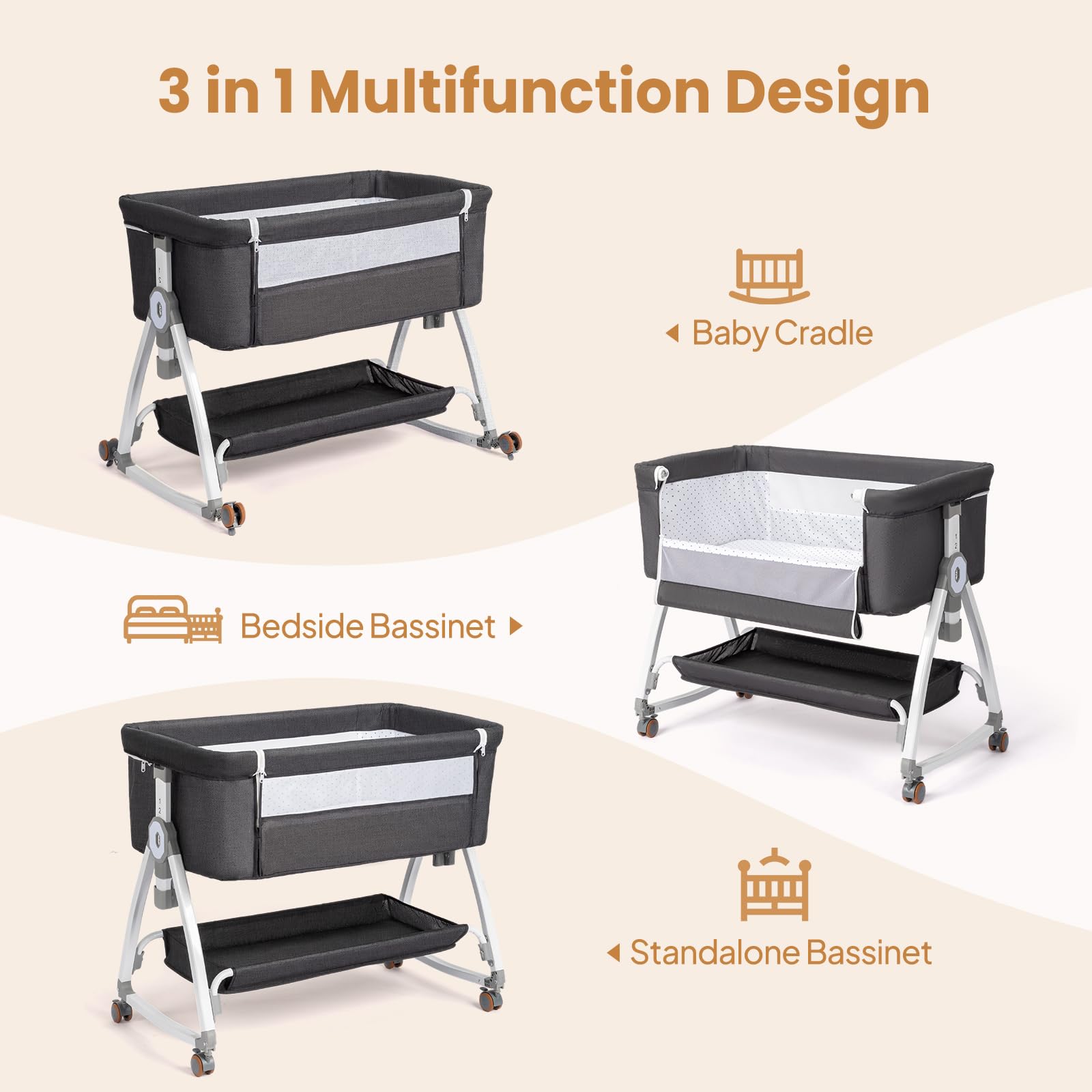 JOYMOR bedside bassinet attachment aligns with bed height for convenient nighttime care.