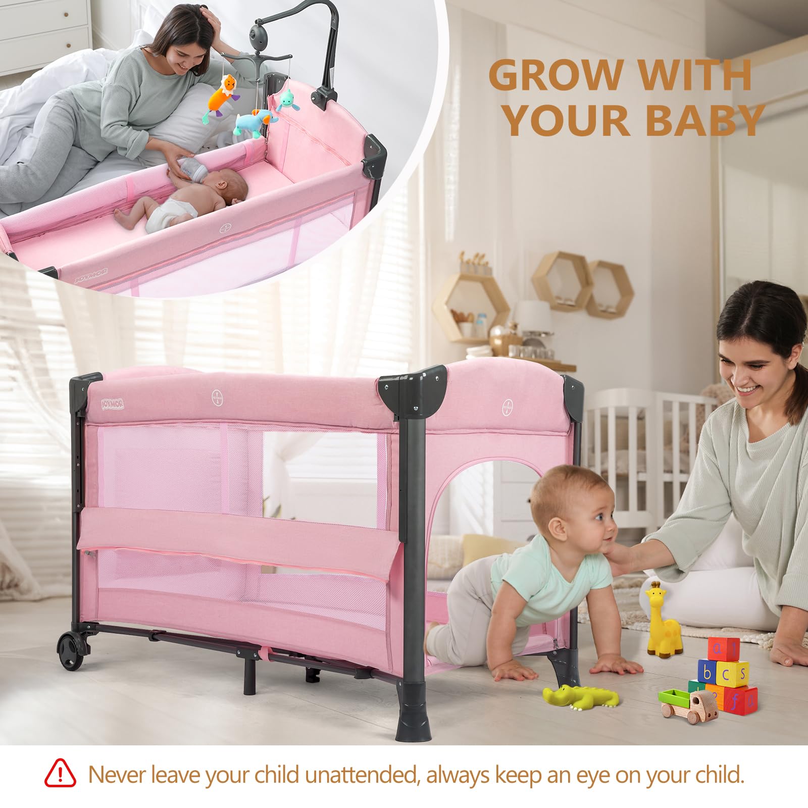 JOYMOR bedside bassinet detachable sidebar enables simple bed sharing access