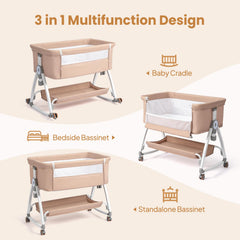JOYMOR bedside bassinet height adjustment demonstrates easy bed sharing and parent reach.