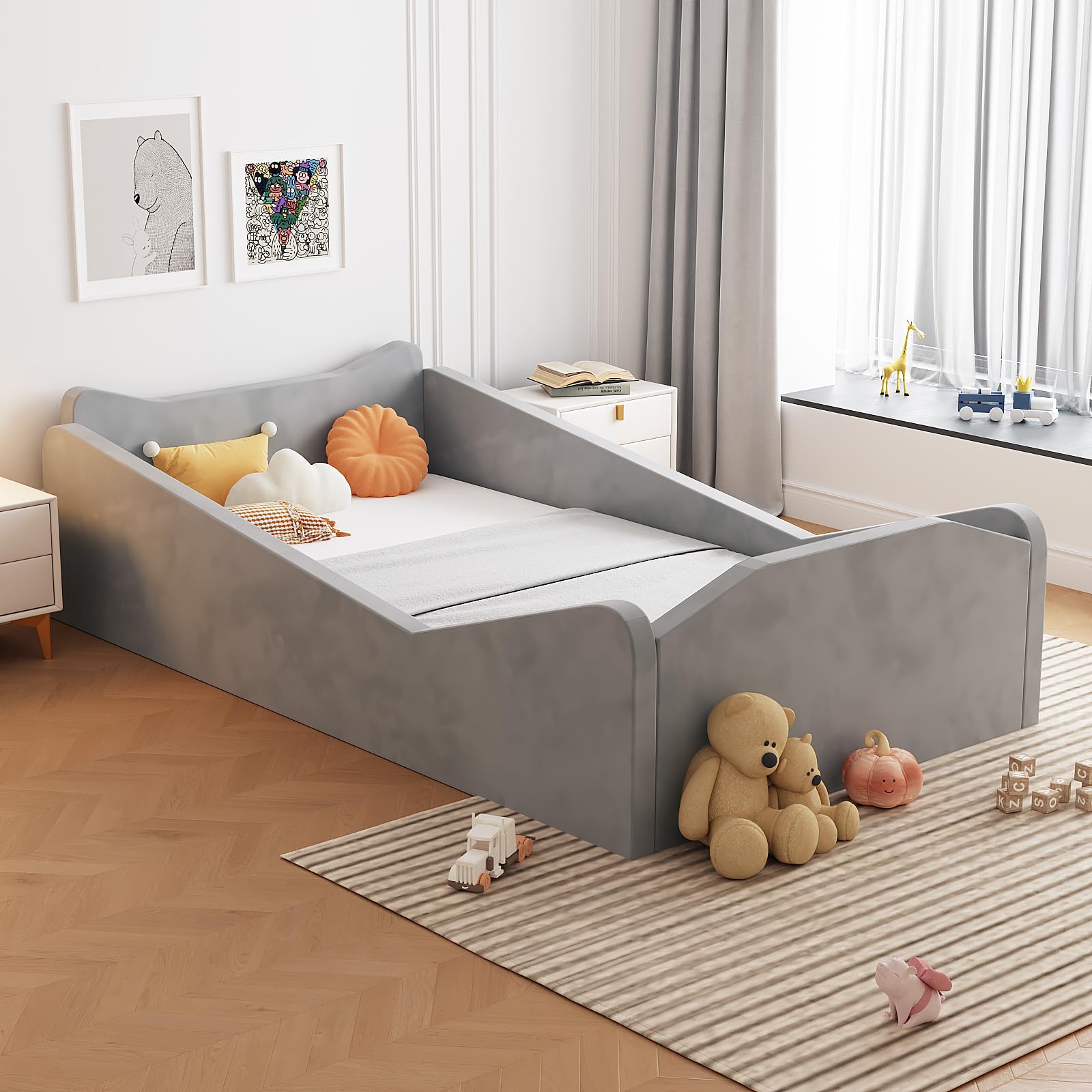 JOYMOR Toddler Bed gray front view shows safe low-height design