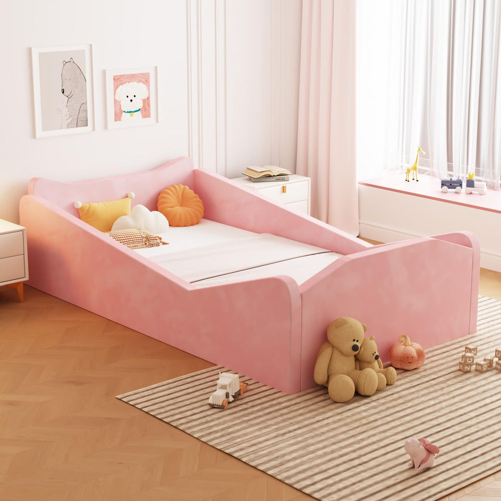 JOYMOR toddler floor bed pink guardrail provides a safe sleep space for early independence.