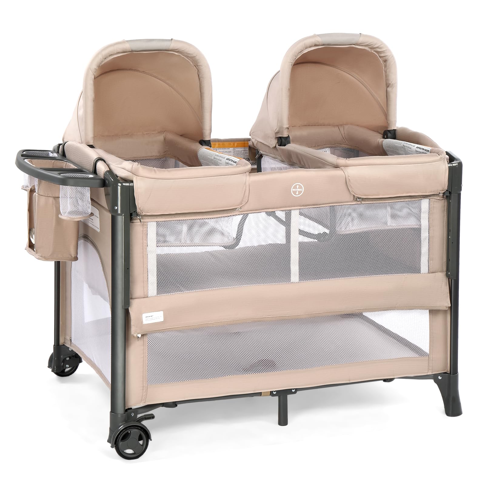 JOYMOR twin bassinet beige bedside setup with dual sleeping spaces for twins.