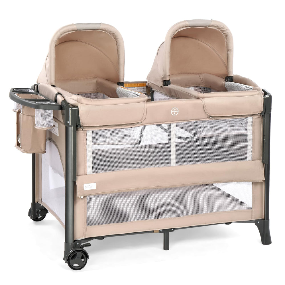 JOYMOR twin bassinet beige bedside setup with dual sleeping spaces for twins.