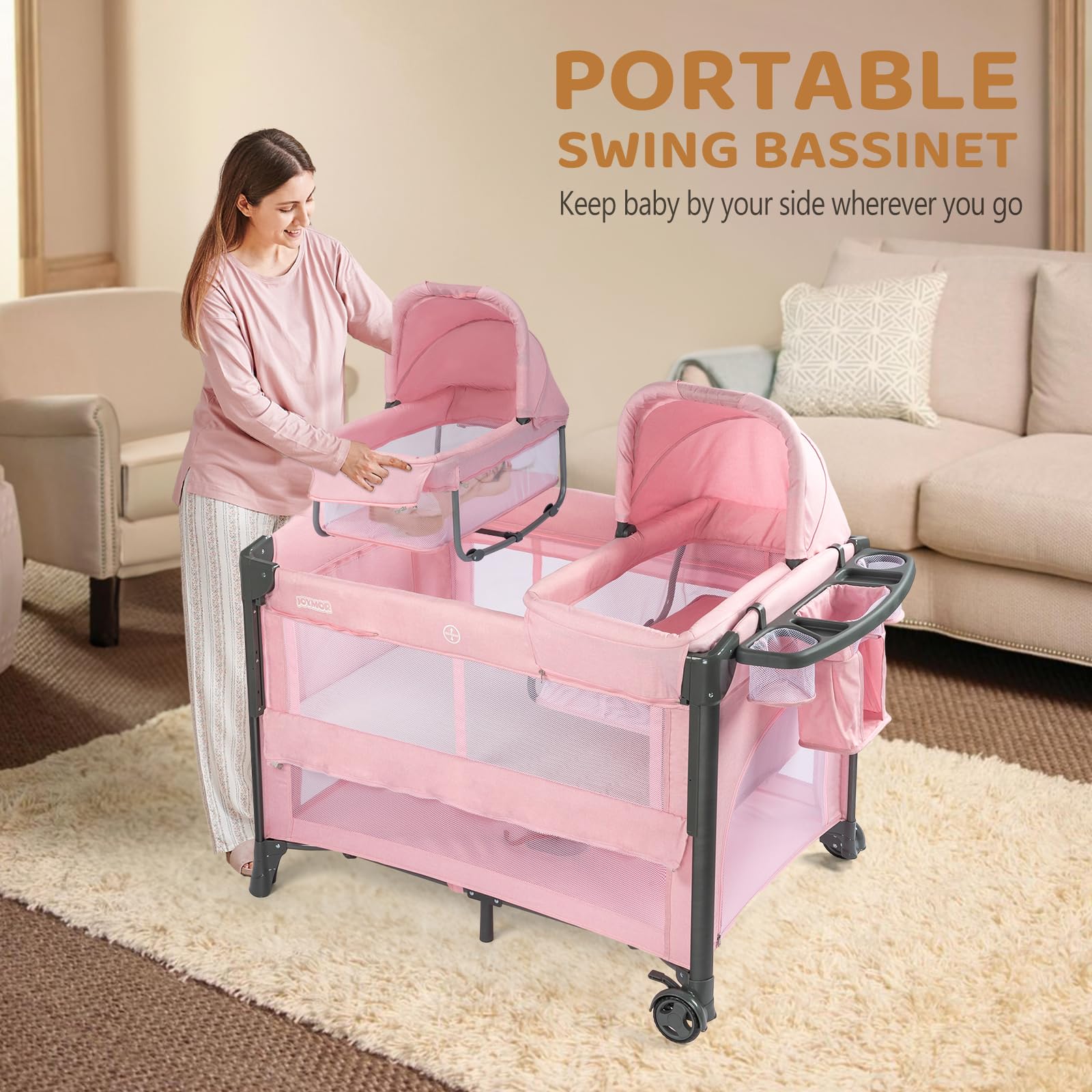 JOYMOR Twin Bassinet breathable mesh sides for visibility and airflow