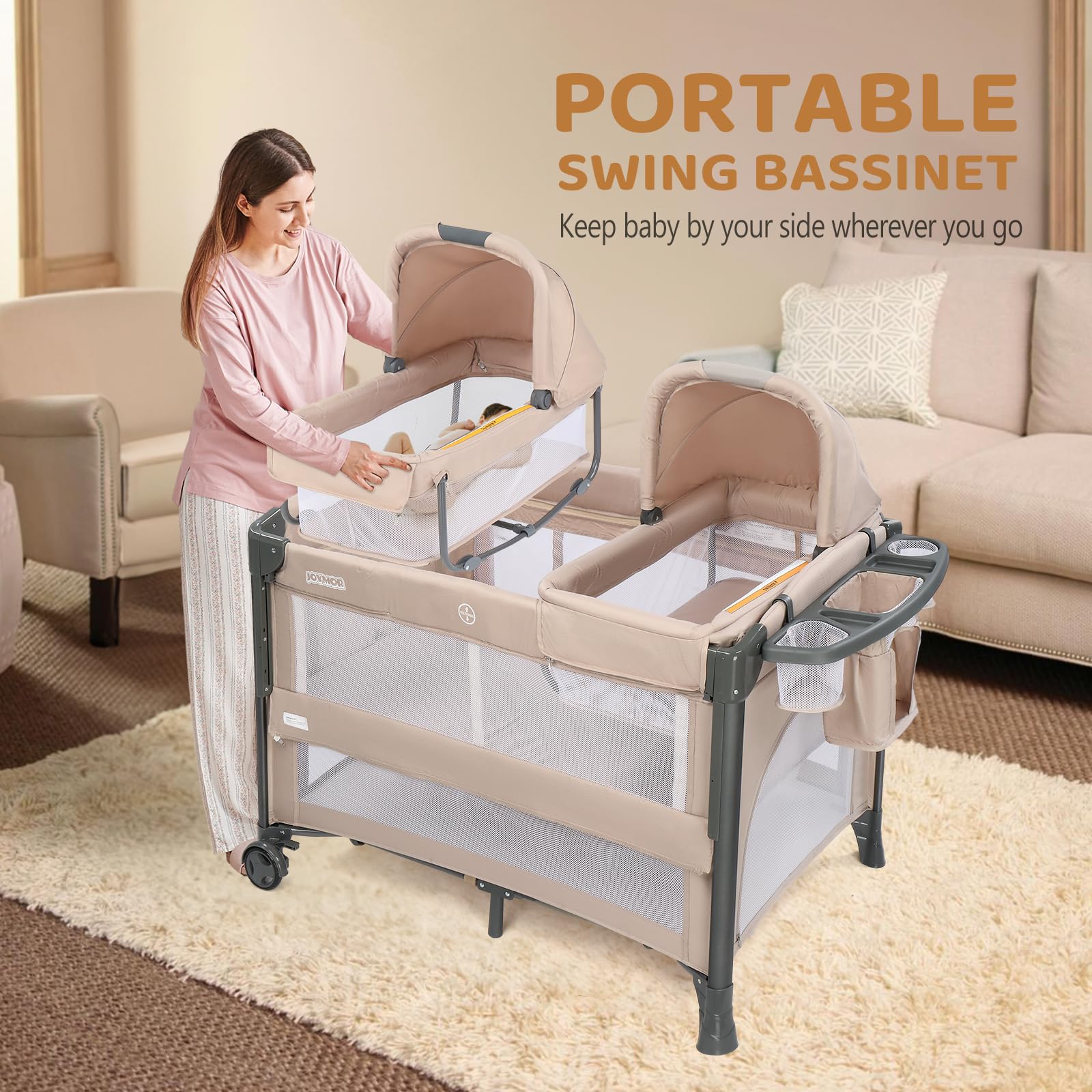 JOYMOR twin bassinet convertible to playpen for growing babies.