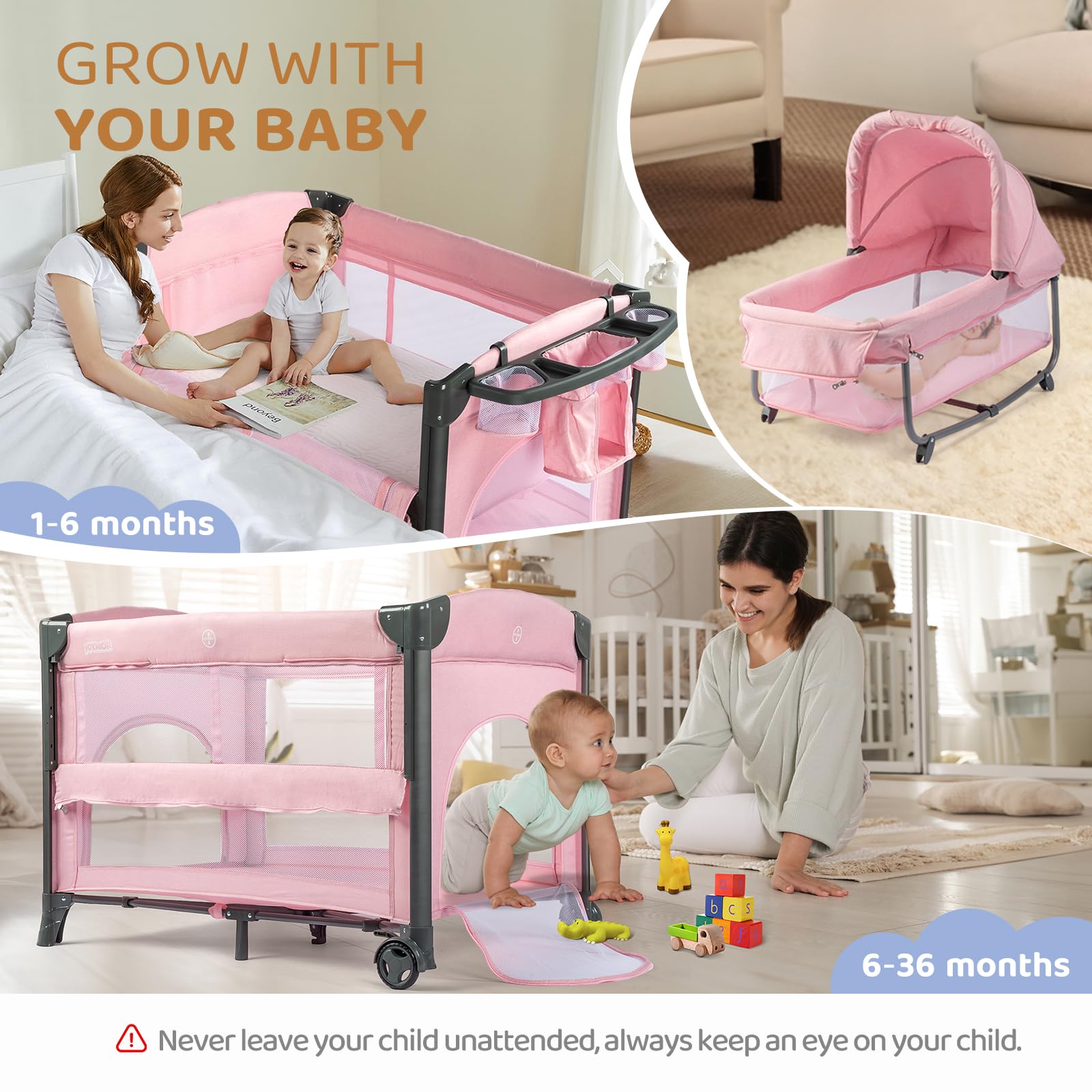 JOYMOR Twin Bassinet spacious storage compartments keep essentials within reach