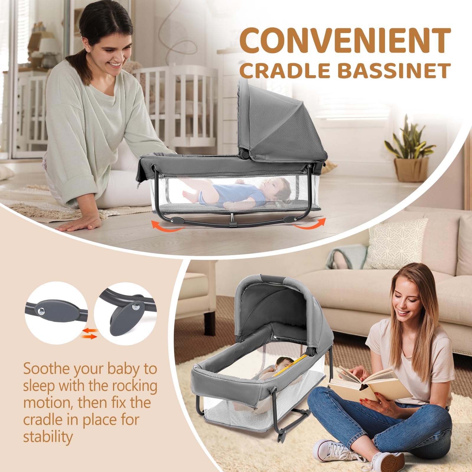 JOYMOR Twin Bassinet features wheels with brakes for easy repositioning