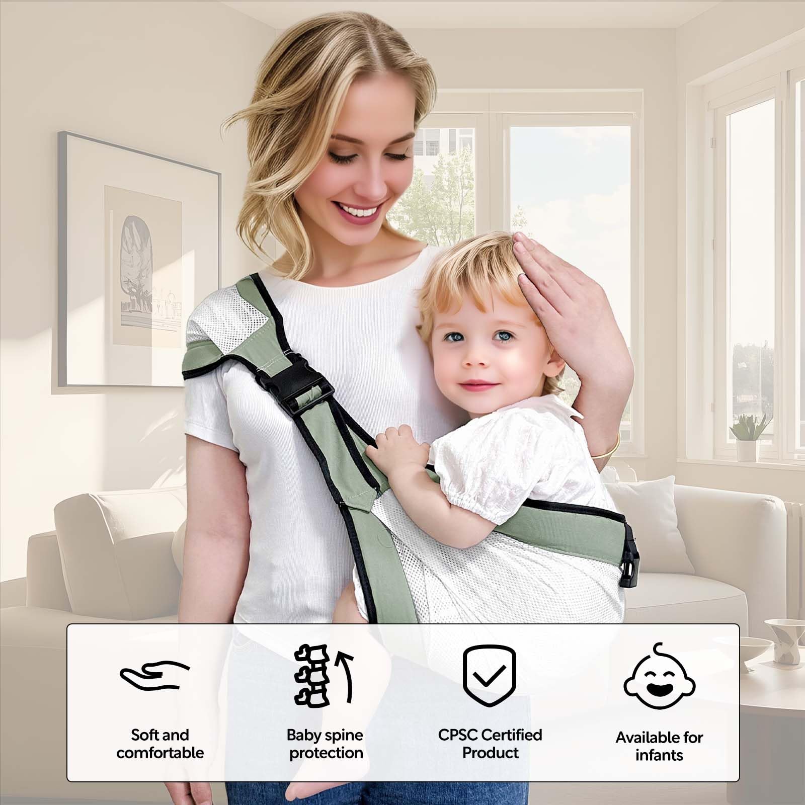 JOYNCLEON baby mesh sling buckle adjustment demonstrates easy, secure fit.