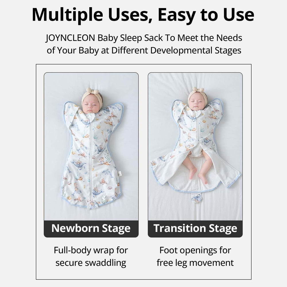 JOYNCLEON sleep sack two-way zipper demonstrates easy diaper changes without disturbance.