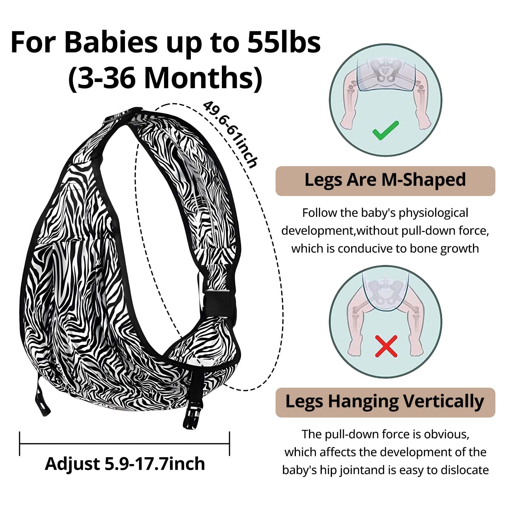 JOYNCLEON zebra sling displays M-position seating for hip comfort