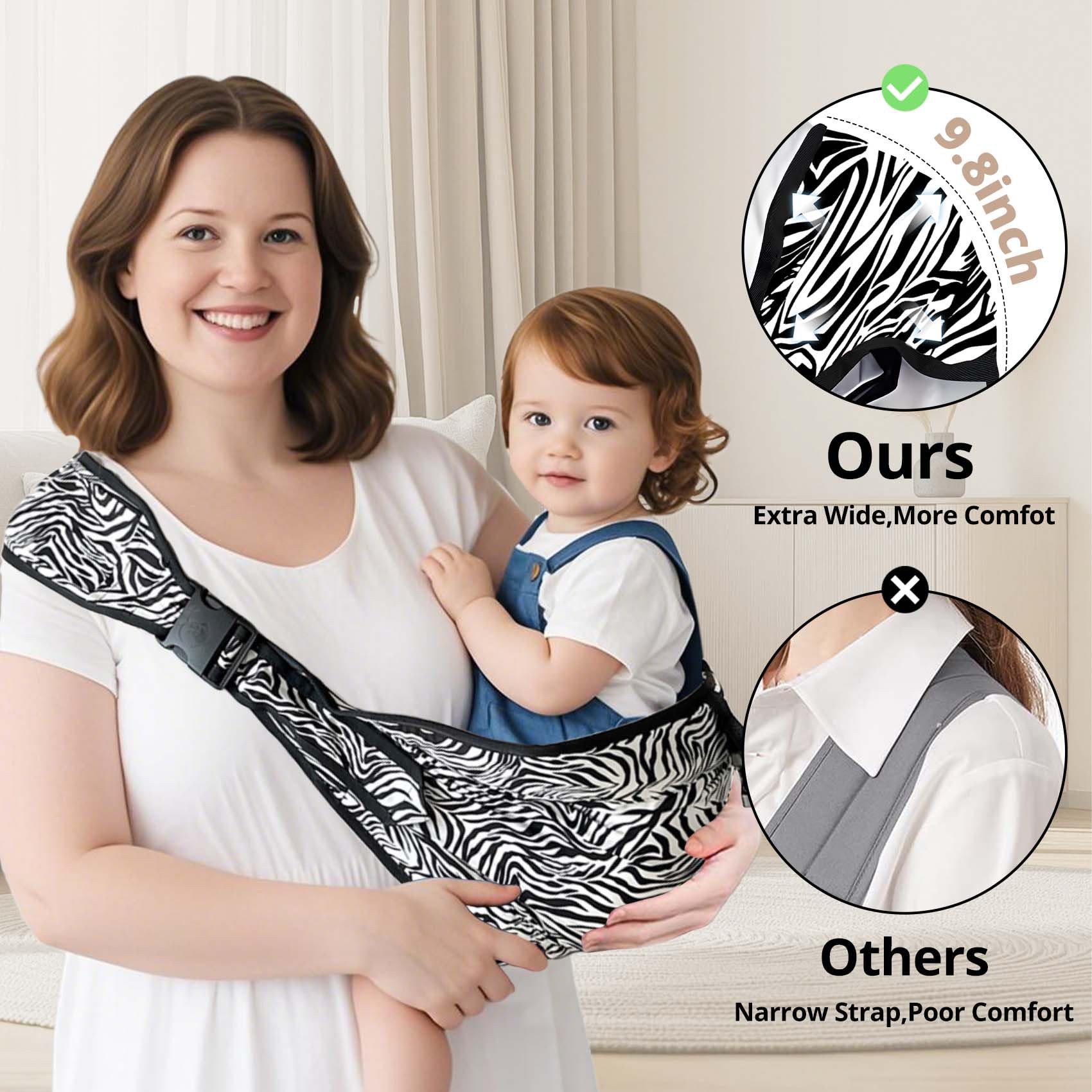 JOYNCLEON zebra sling shown worn by parent for hands-free errands
