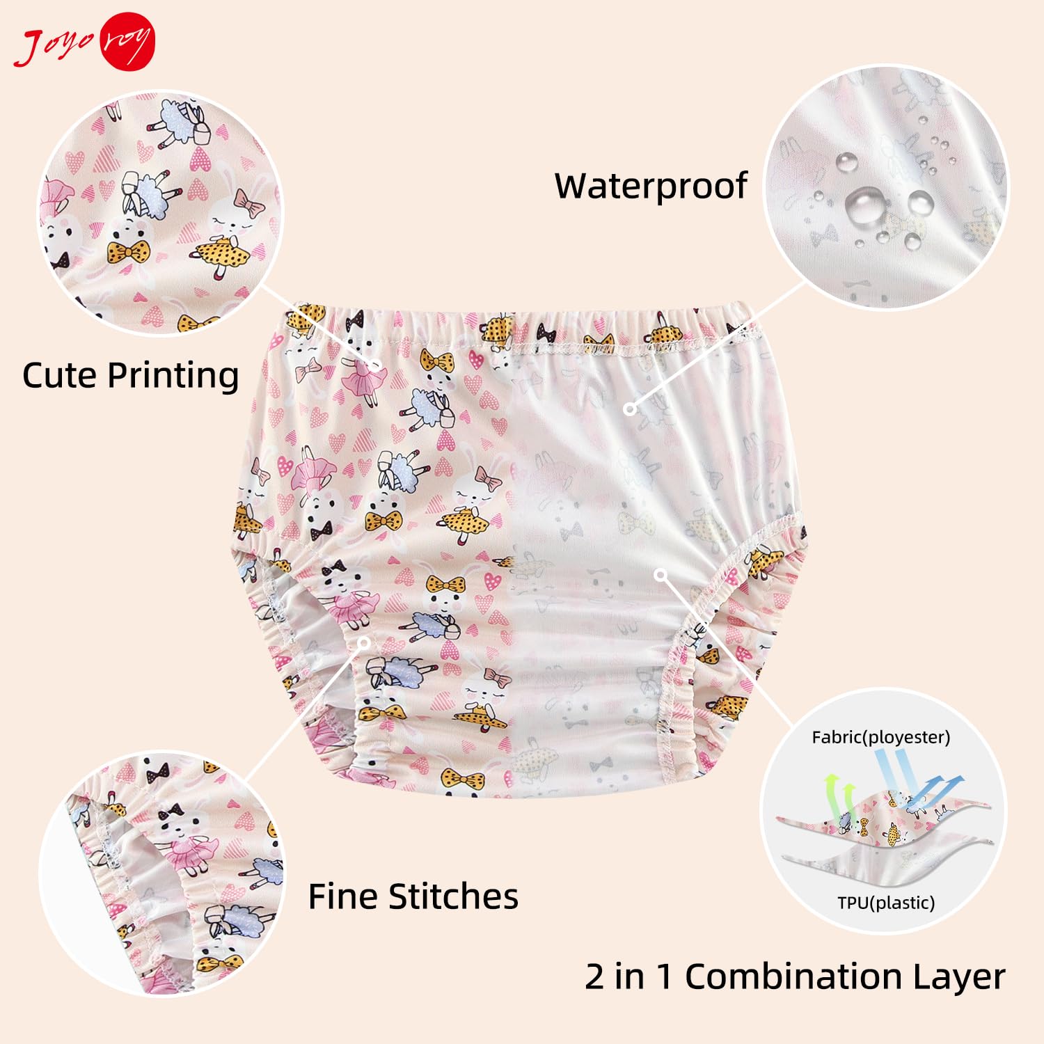 Joyo Roy plastic training pants on baby highlighting quick-cleanup design