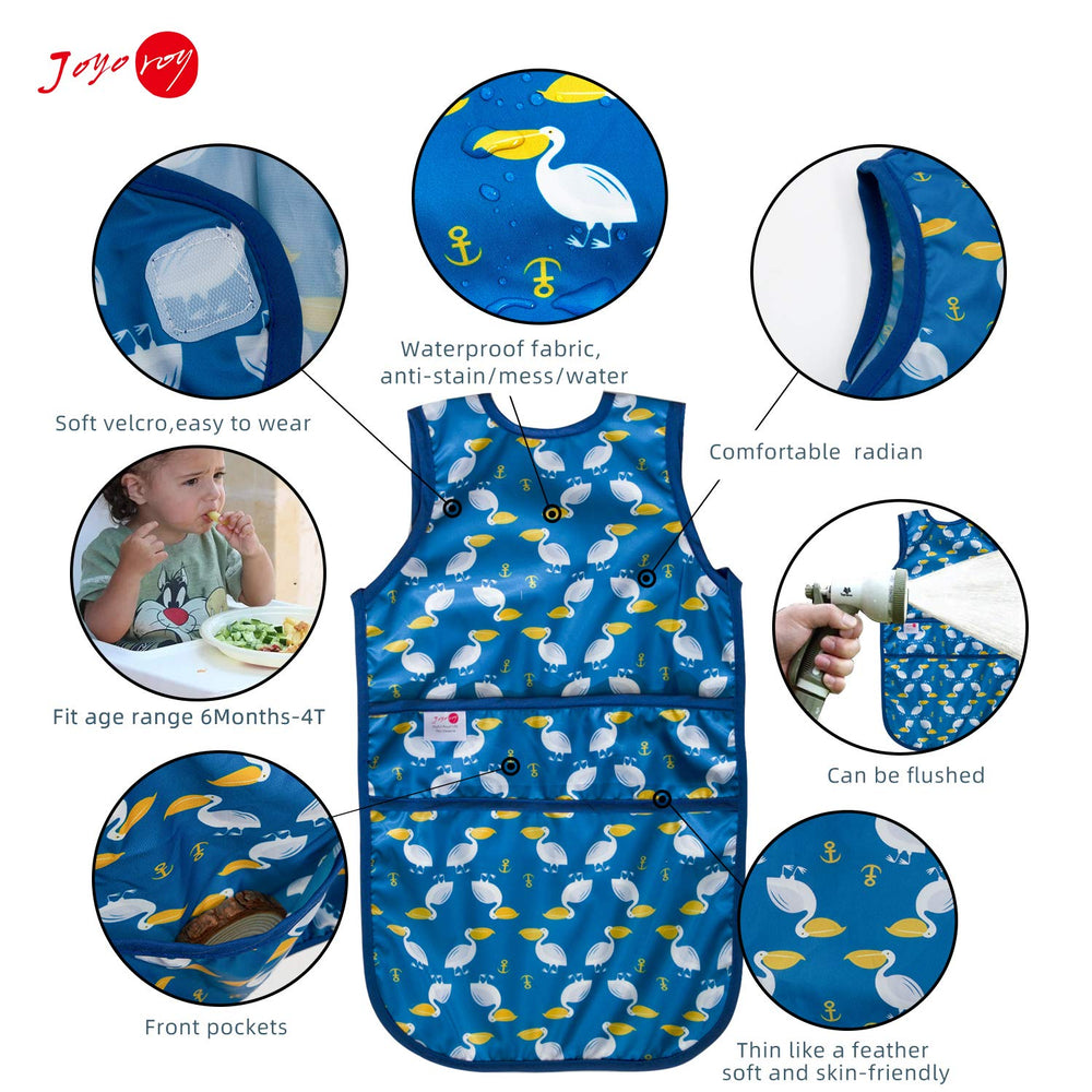 Joyo Roy waterproof baby bib close-up shows easy Velcro closure for fast wearing.