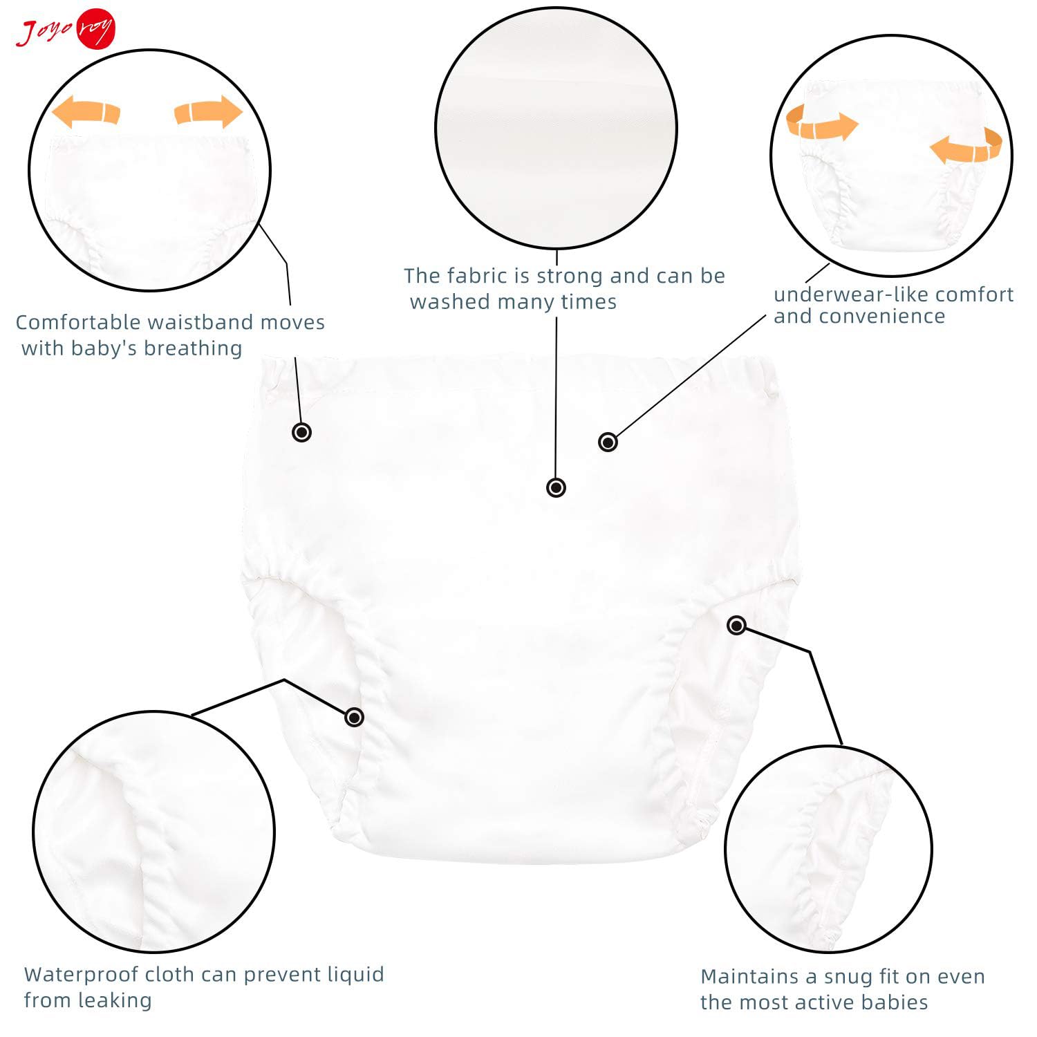 Joyo roy white diaper cover side view with elastic leg openings for secure fit.