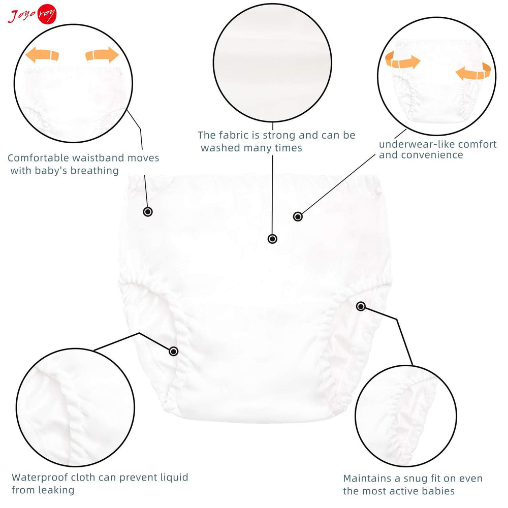 Joyo roy white diaper cover side view with elastic leg openings for secure fit.
