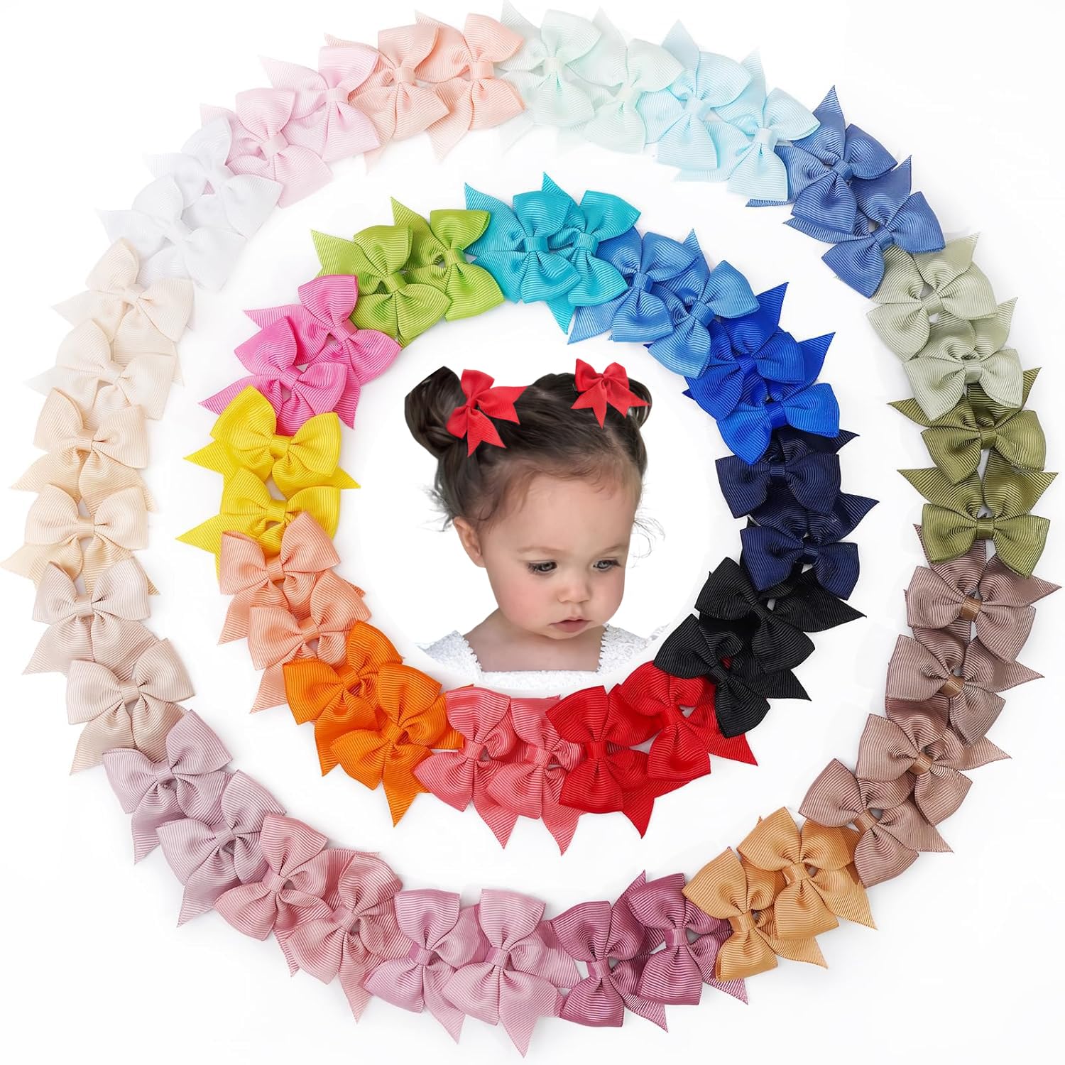 JOYOYO 60pcs baby bows pastel colors laid out for easy outfit matching.
