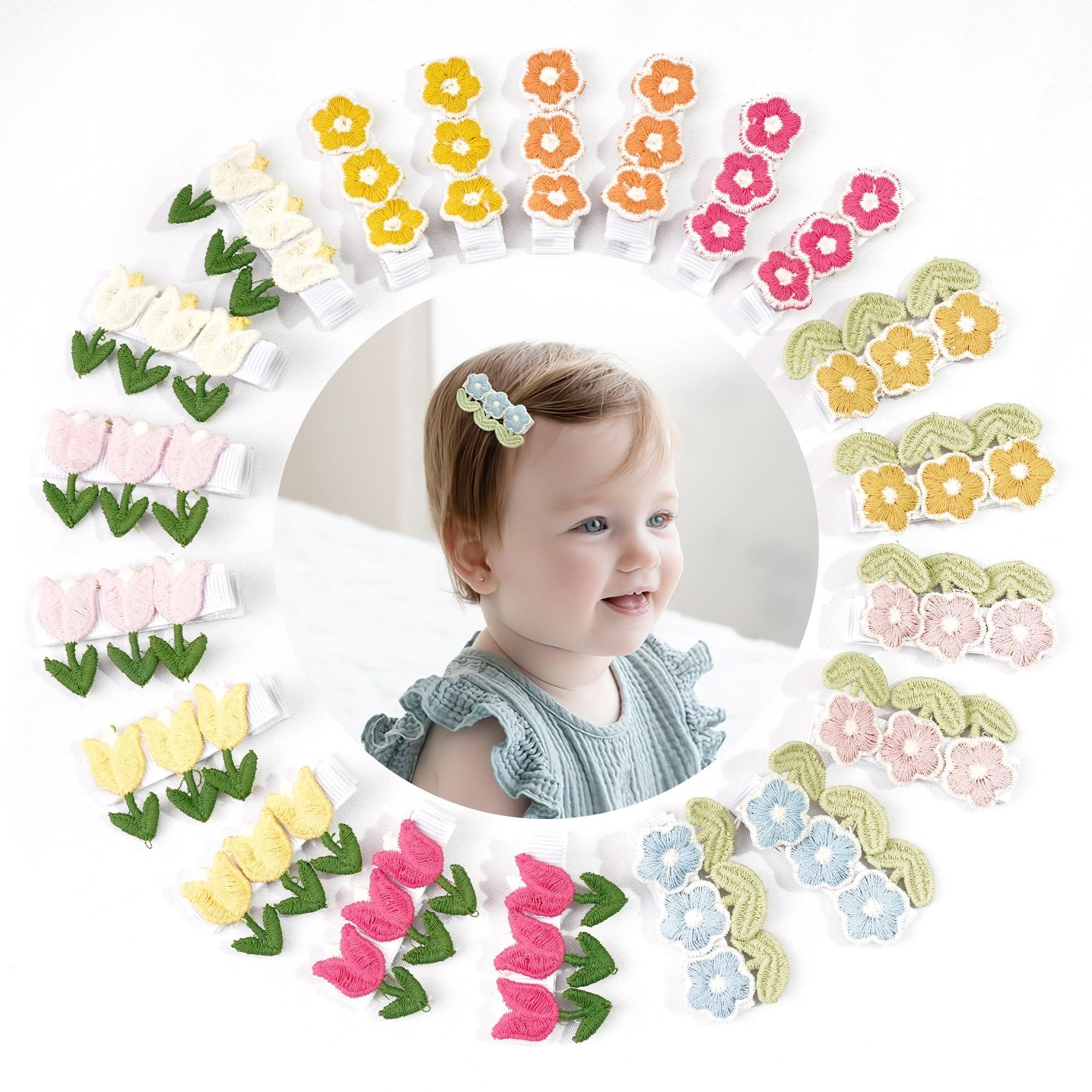 JOYOYO baby flower clip pair closeup with colorful embroidery for playful looks.