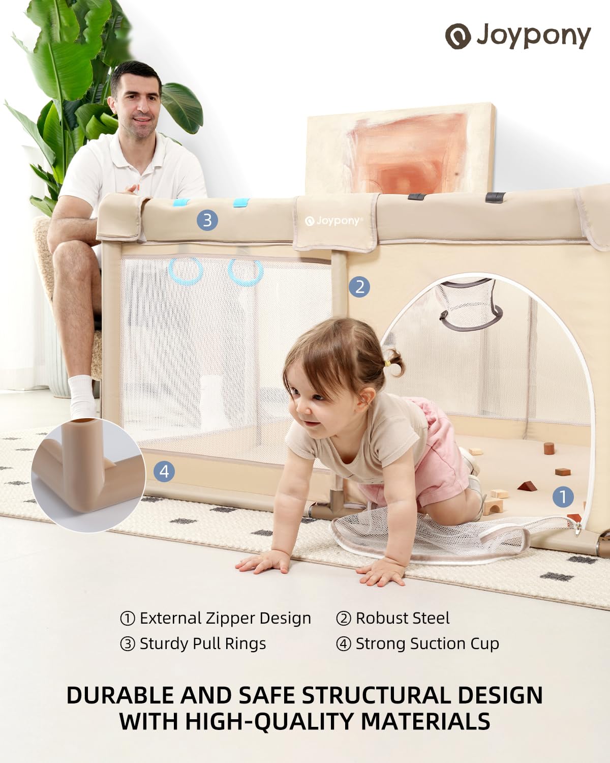 Joypony anti-slip suction cups keep the playpen stable on smooth floors.