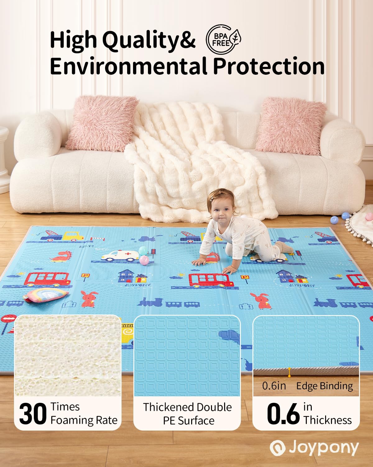 Joypony baby play mat anti-slip surface keeps little climbers safer during first steps.