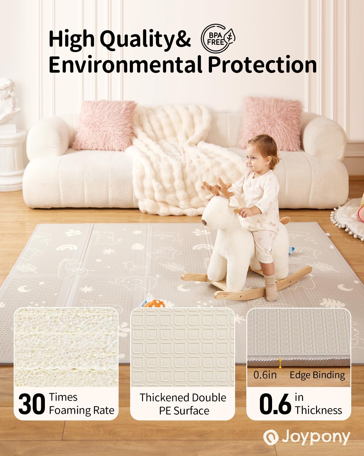 Joypony Play Mat anti-slip texture keeps infants safe during crawling.
