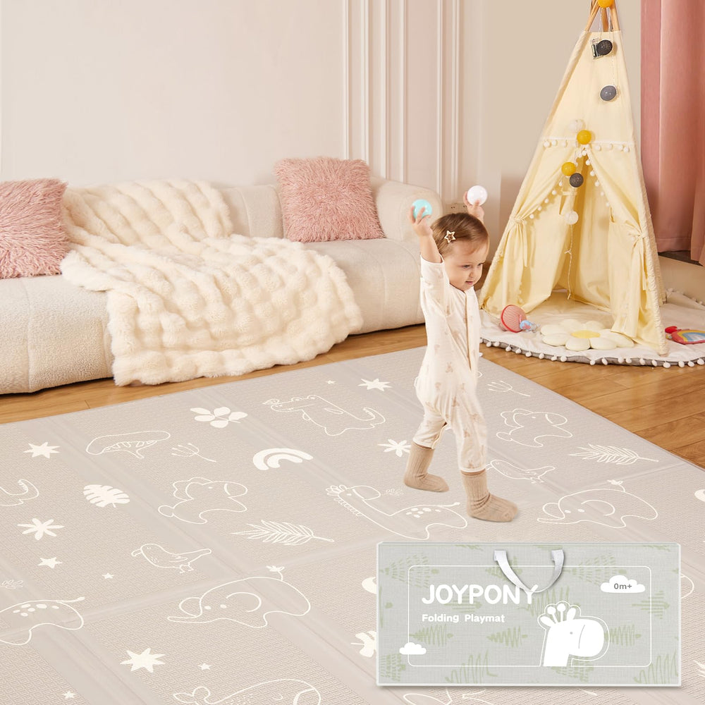 Joypony baby play mat folded compact for easy transport and storage during trips.