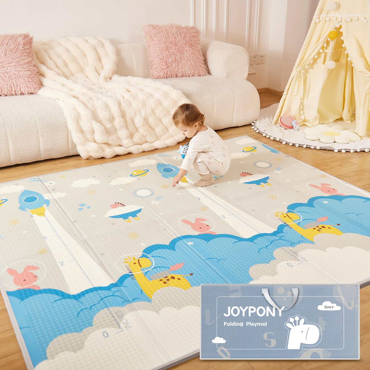 Joypony baby play mat folded compactly for travel, easy to carry in the included bag.