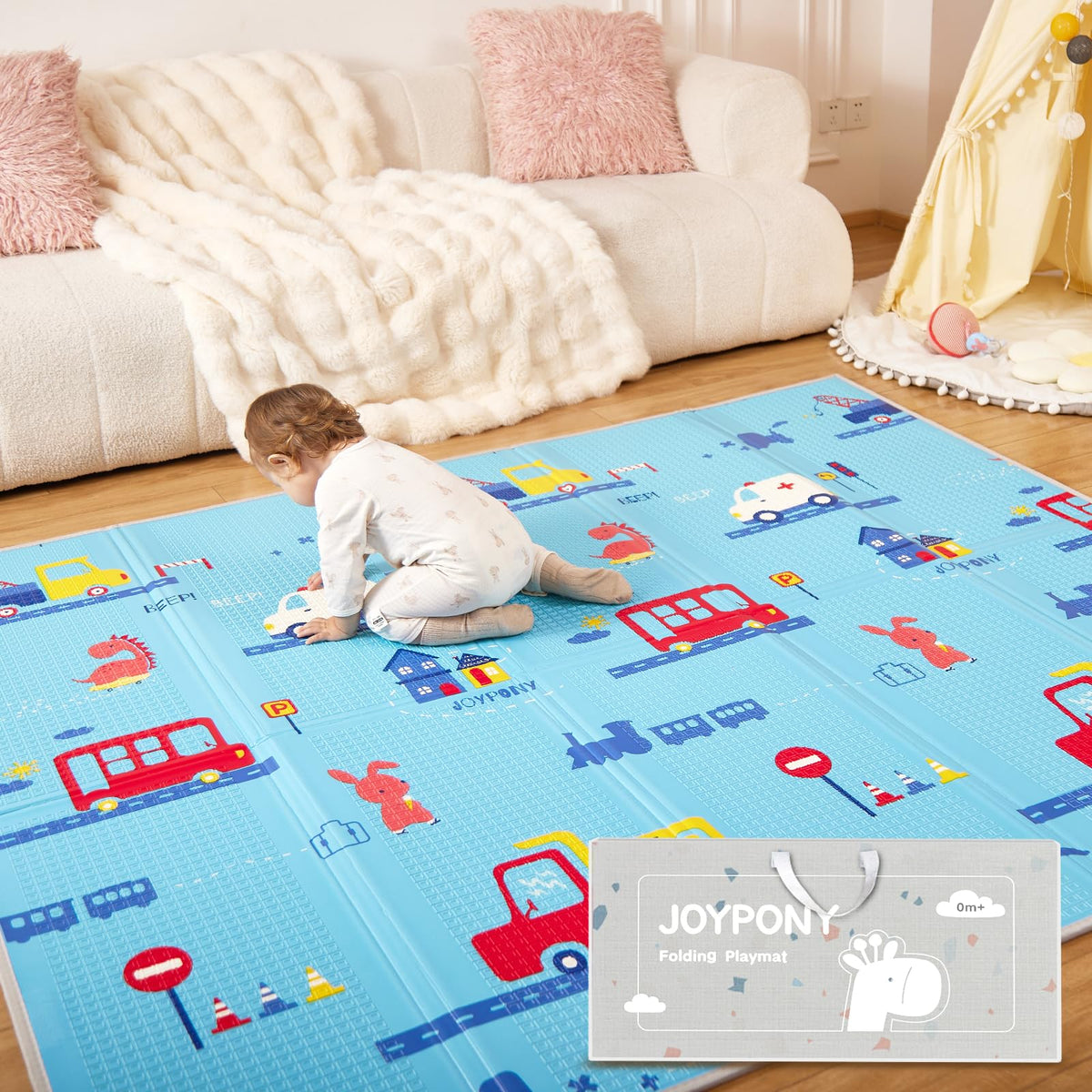 Joypony baby play mat folded with travel bag for easy on-the-go use.
