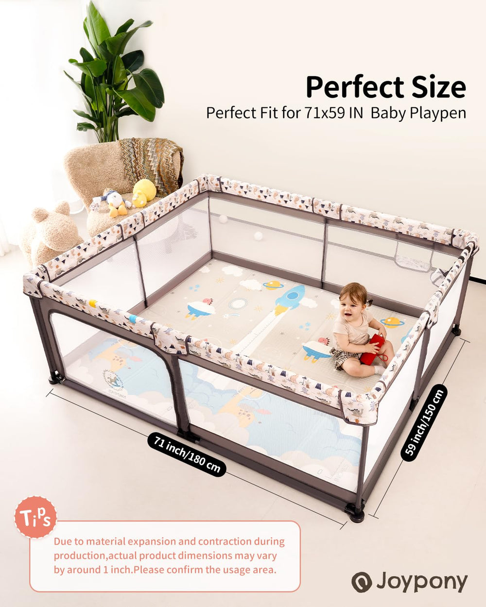 Joypony baby play mat large area layout provides spacious crawl space for babies.