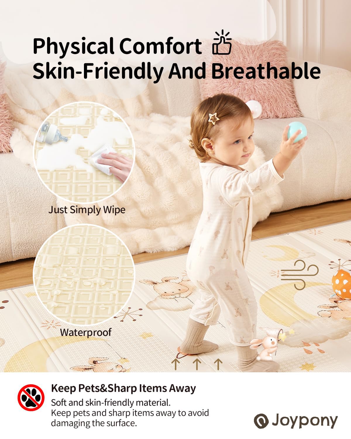 Joypony Baby Play Mat large surface cushions wrists, elbows, and knees on hard floors.