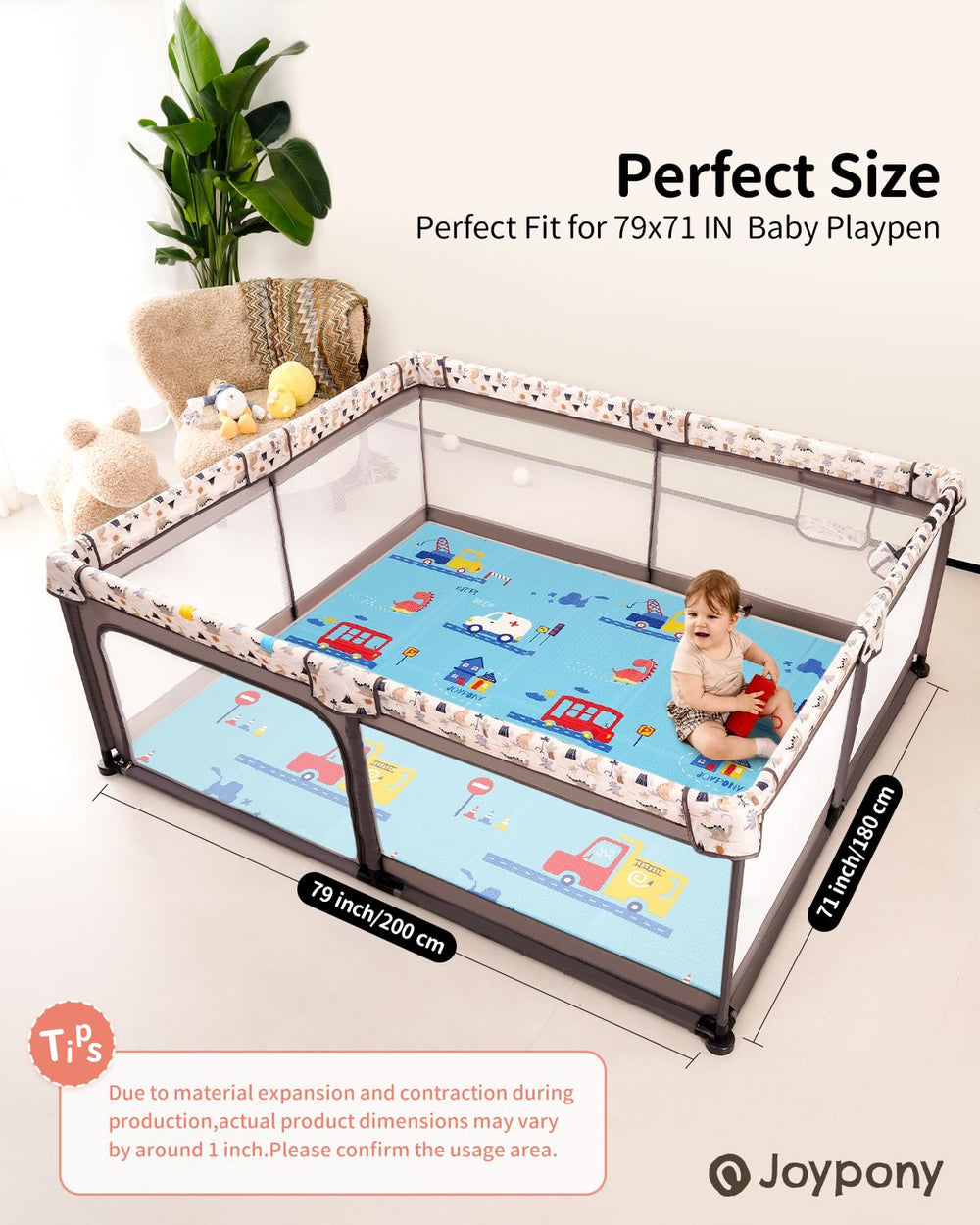 Joypony baby play mat large surface area supports crawling and playtime exploration.