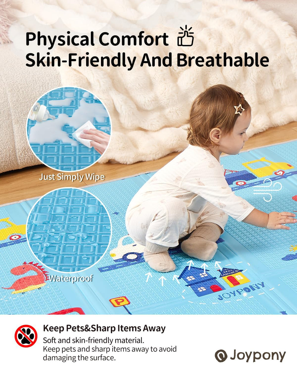 Joypony baby play mat supports tummy time and seat play with bright, educational visuals.