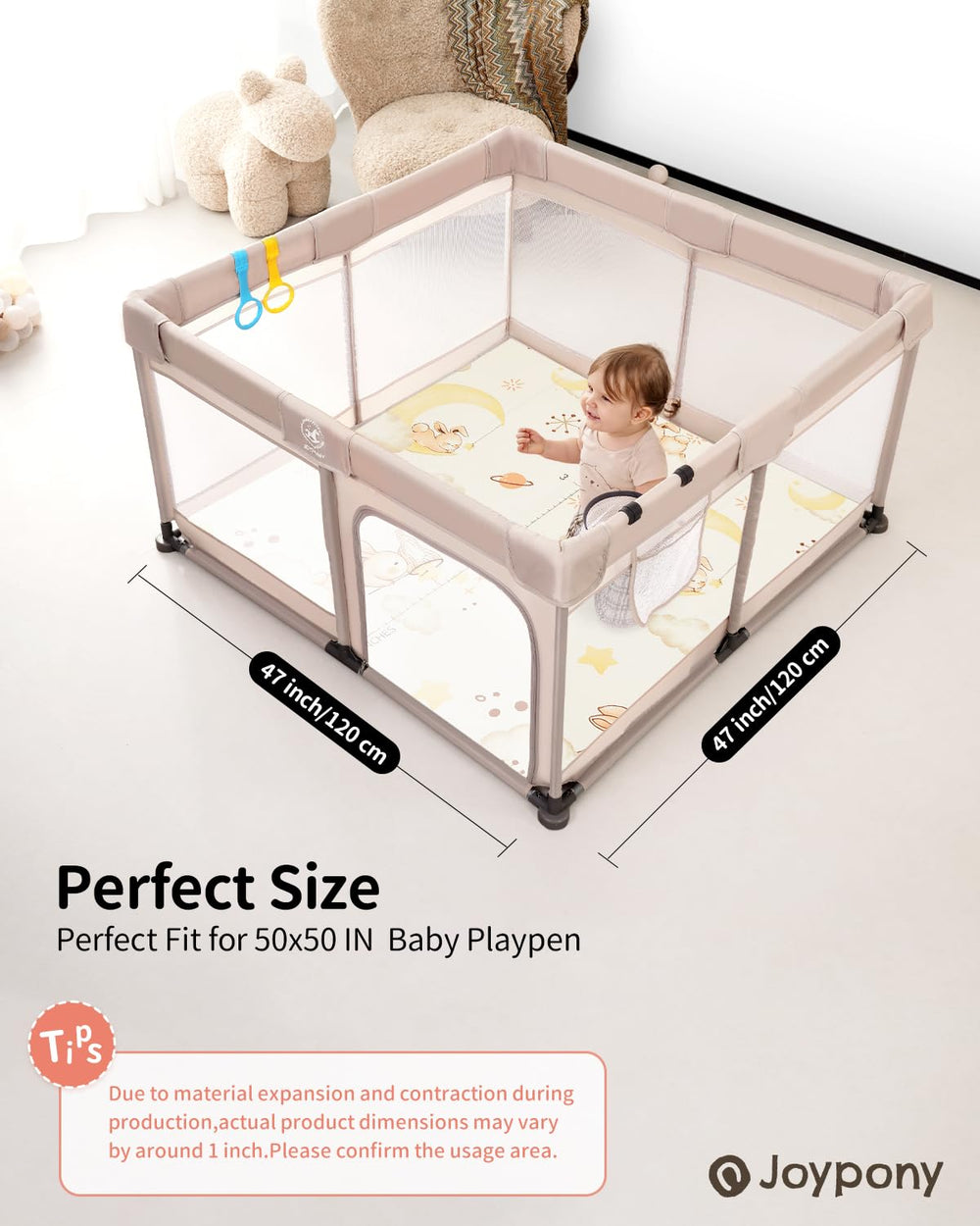 Joypony Baby Play Mat waterproof surface enables quick cleanup after spills.