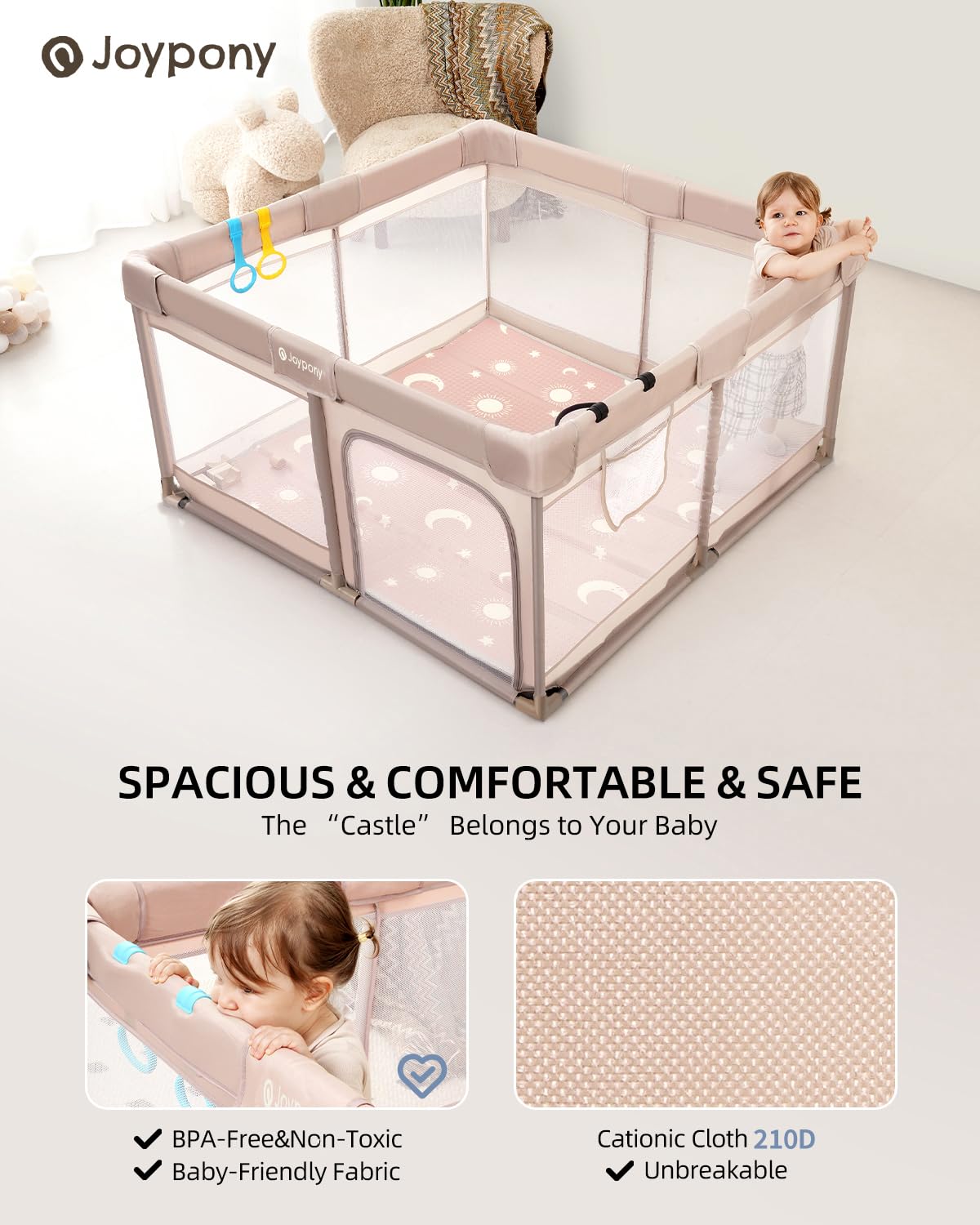 Joypony baby playpen mesh side 360-view enhances visibility for attentive supervision