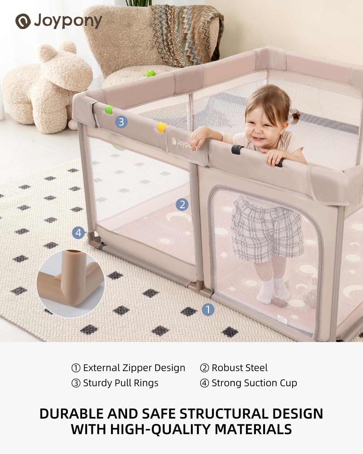 Joypony baby playpen spacious 50x50 area supports crawling, tummy time, and independent play