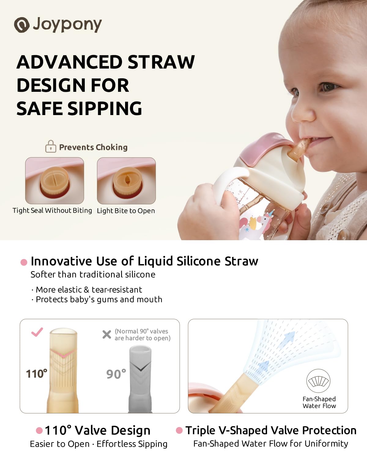 Joypony Sippy Cup pink 180-degree lid fold enables easy cleaning and safe sipping.