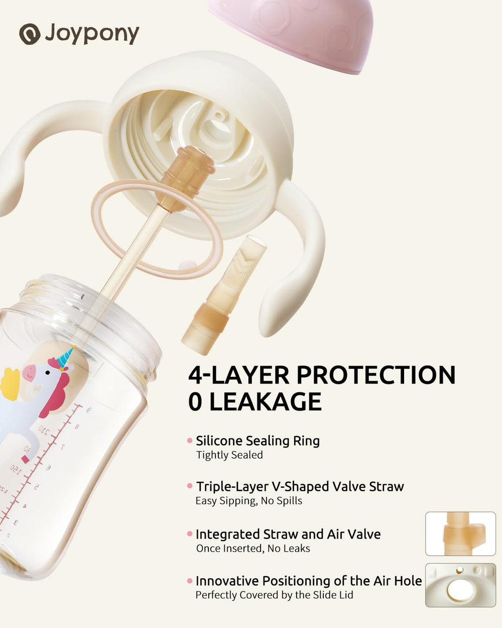 Joypony Sippy Cup pink silicone straws offer gentle, comfortable drinking.