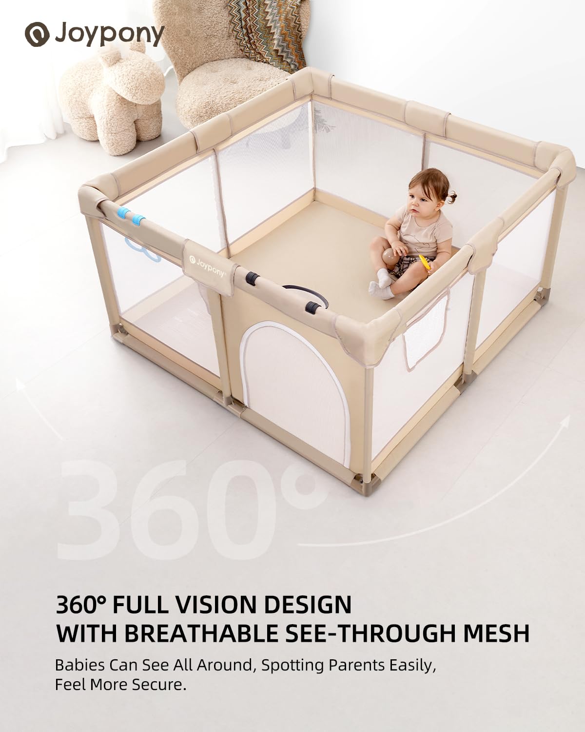 Joypony soft breathable mesh visibility allows constant supervision during playtime.