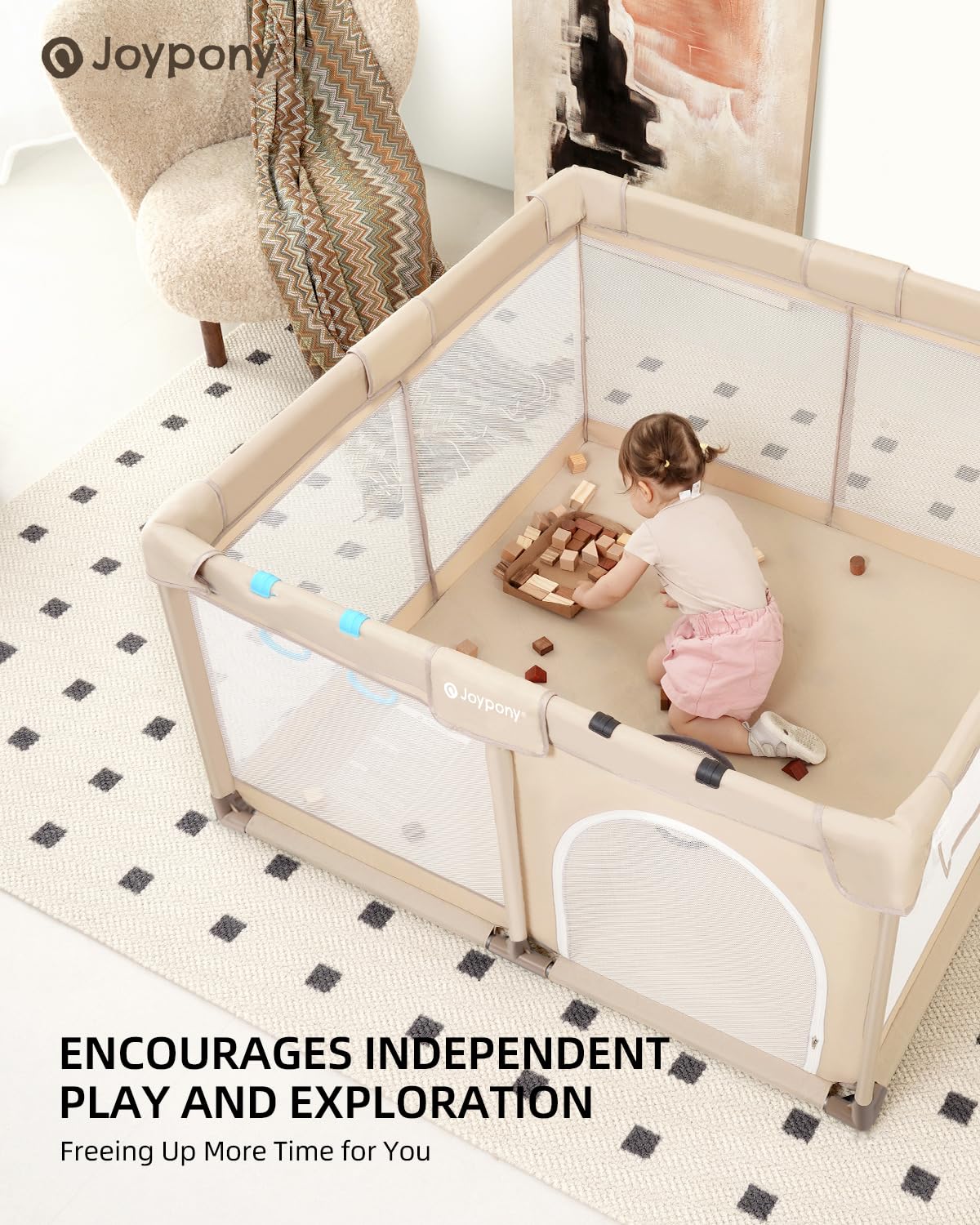Joypony spacious 50 by 50 play area supports multiple kids and active exploration.