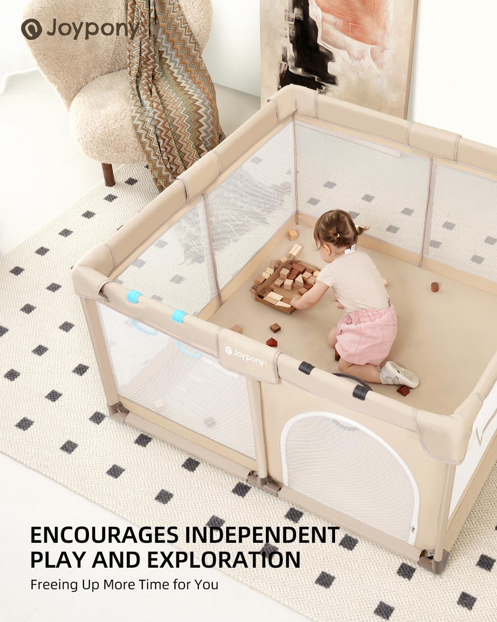 Joypony spacious 50 by 50 play area supports multiple kids and active exploration.