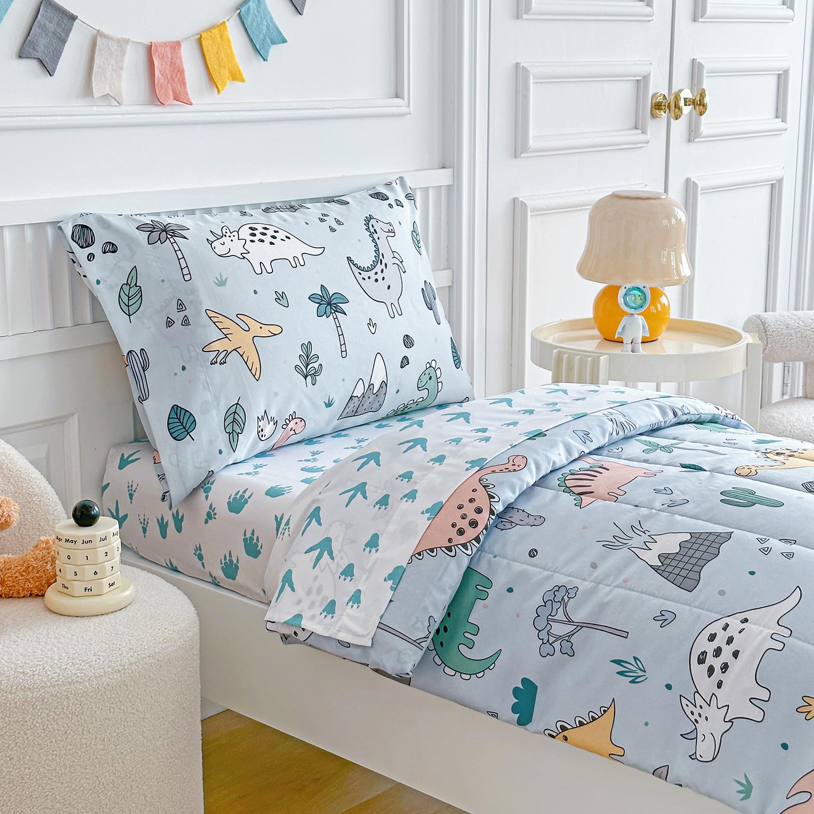Joyreap dinosaur bedding set flat sheet with bright prints for kid-friendly sleep