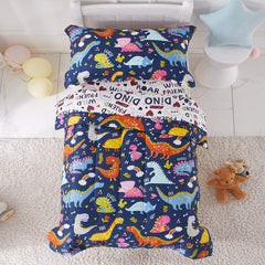 Joyreap dinosaur bedding set full view on a toddler bed for cozy bedtime
