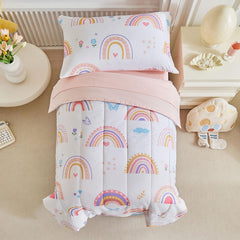 Joyreap pink rainbow toddler bedding set on a bed, promoting cozy bedtime comfort