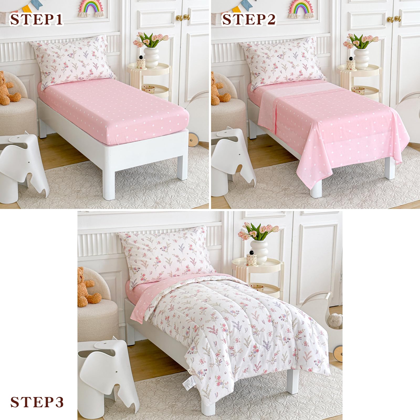 Joyreap toddler bedding flowers pink sheet close-up for breathable comfort