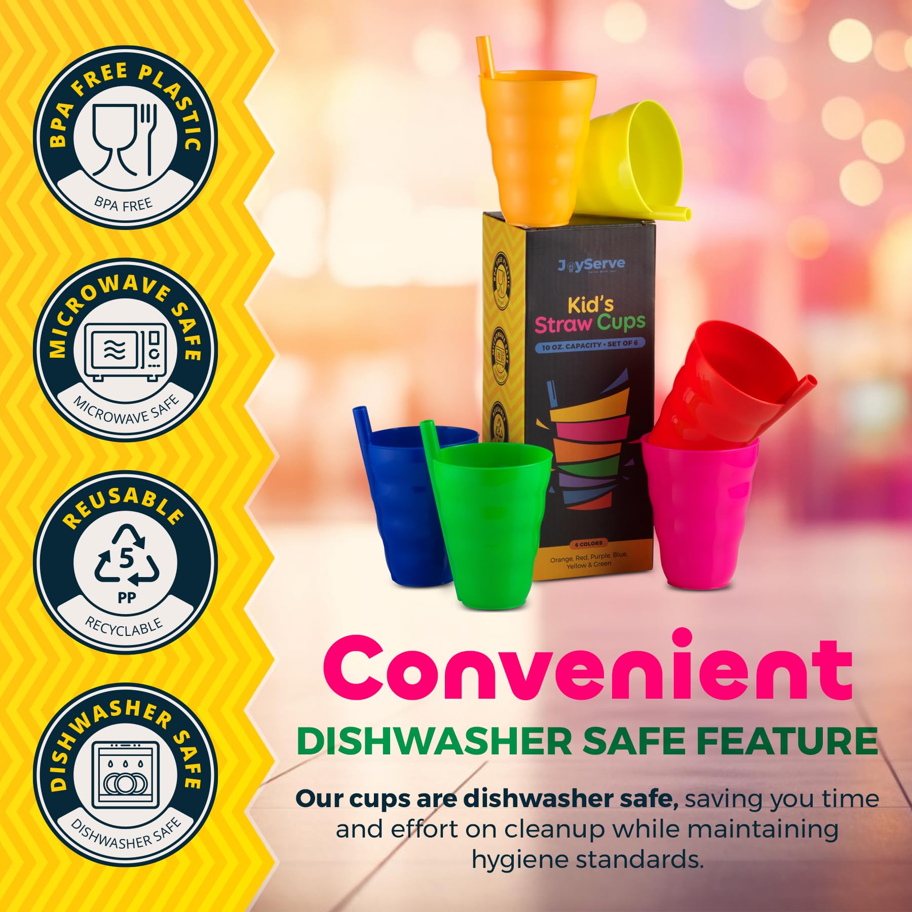 JoyServe Kids Cups stackable design saves cabinet space for busy households.