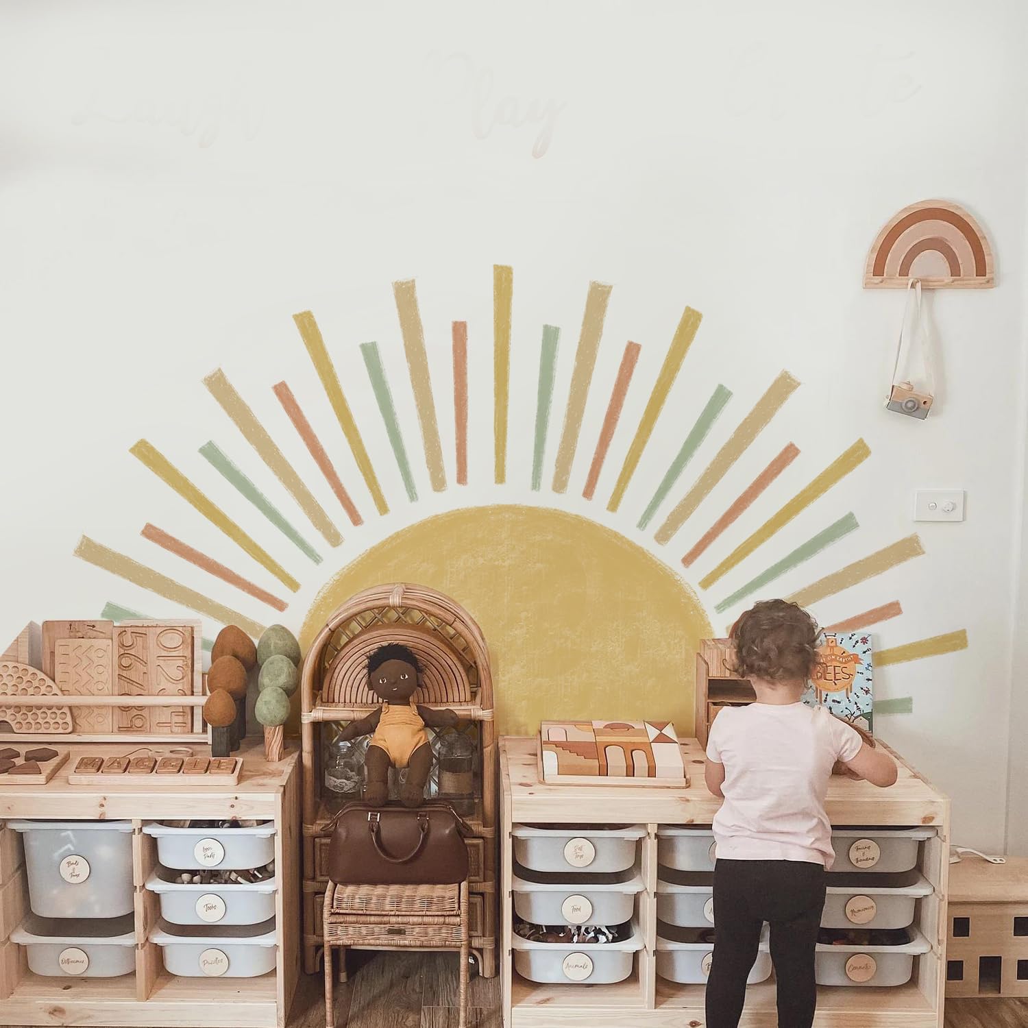 JoyuHome sun wall decal closeup shows adhesive-backed vinyl for easy, damage-free application.