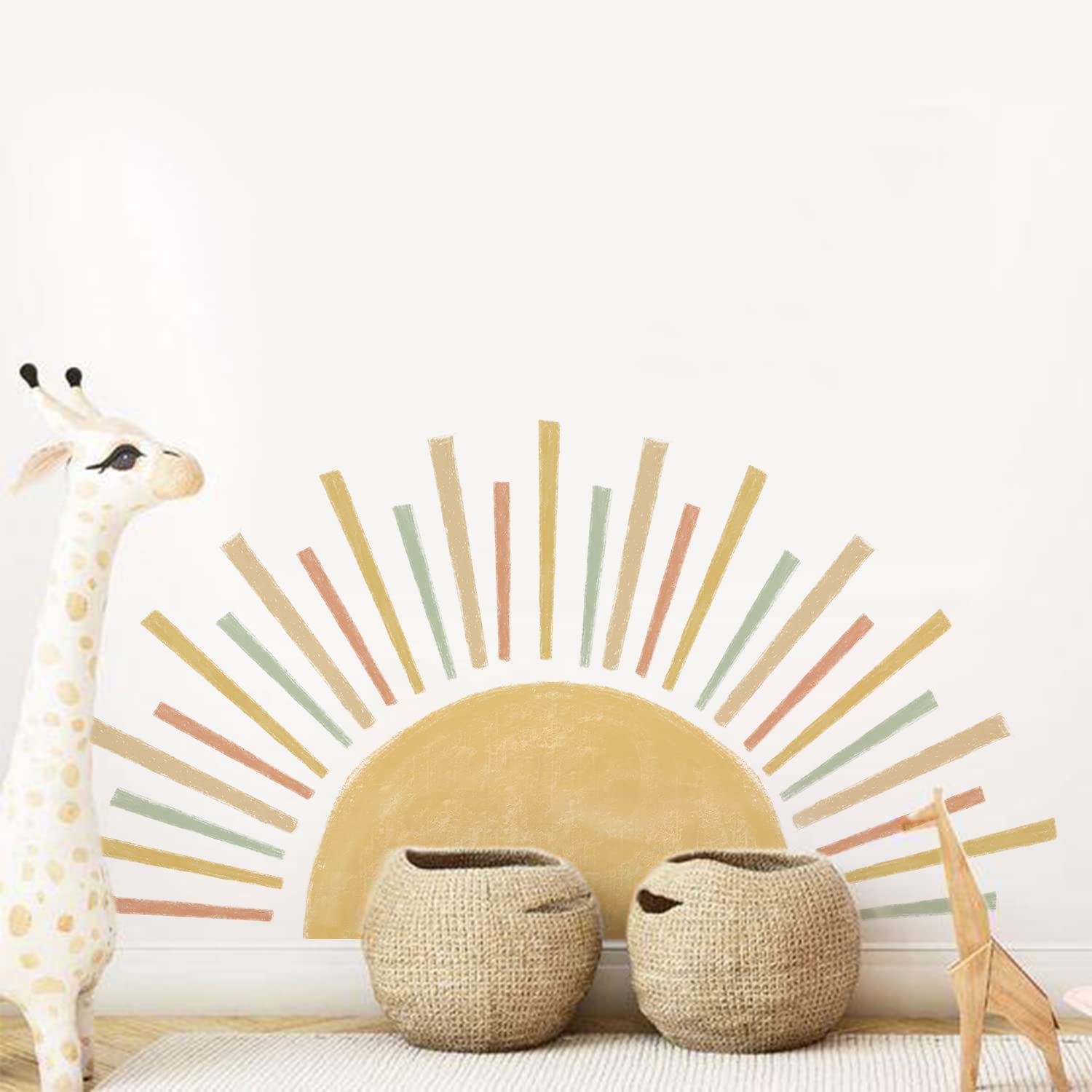 JoyuHome boho sun wall decal on wall creates cheerful playroom ambience.