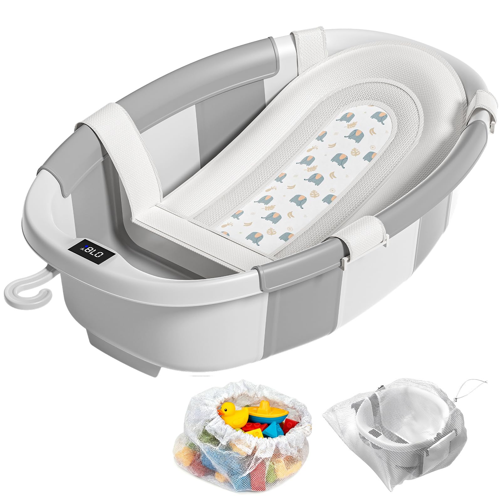 JoyYum collapsible baby bathtub folded for compact storage and simple hanging drying.
