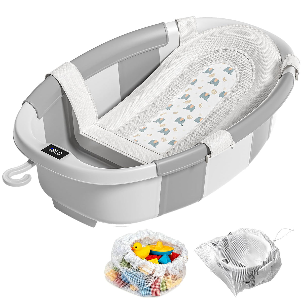 JoyYum collapsible baby bathtub folded for compact storage and simple hanging drying.